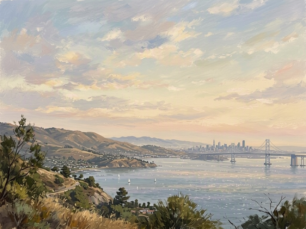 Illustration of the landscape around the East Bay, not a photo of a listed building